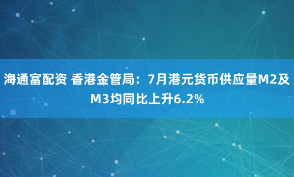 海通富配资 香港金管局：7月港元货币供应量M2及M3均同比上升6.2%